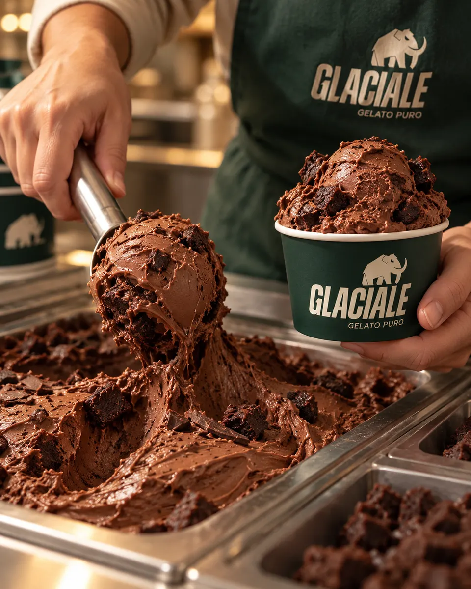 Atendente servindo gelato de chocolate com brownie na vitrine