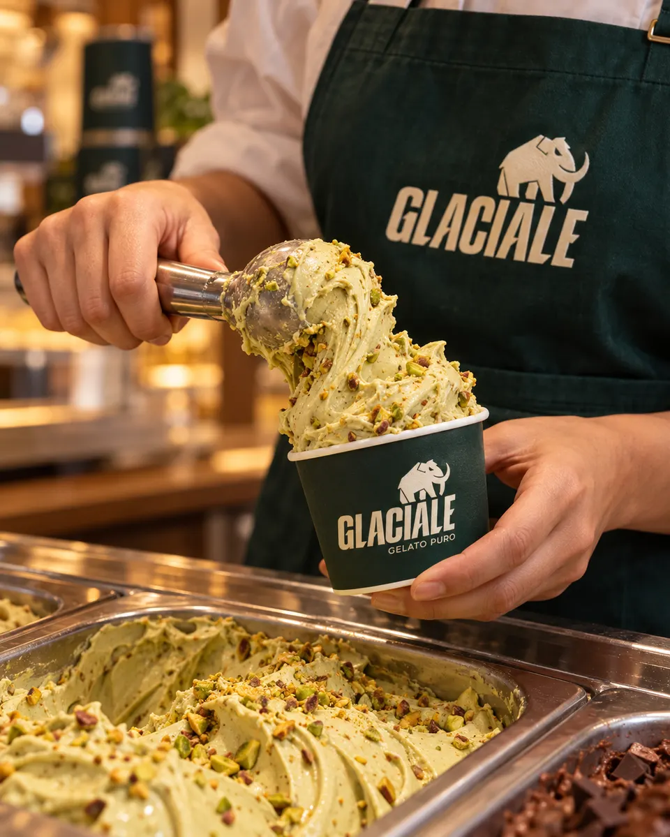 Atendente de avental Glaciale servindo gelato de pistache no pote
