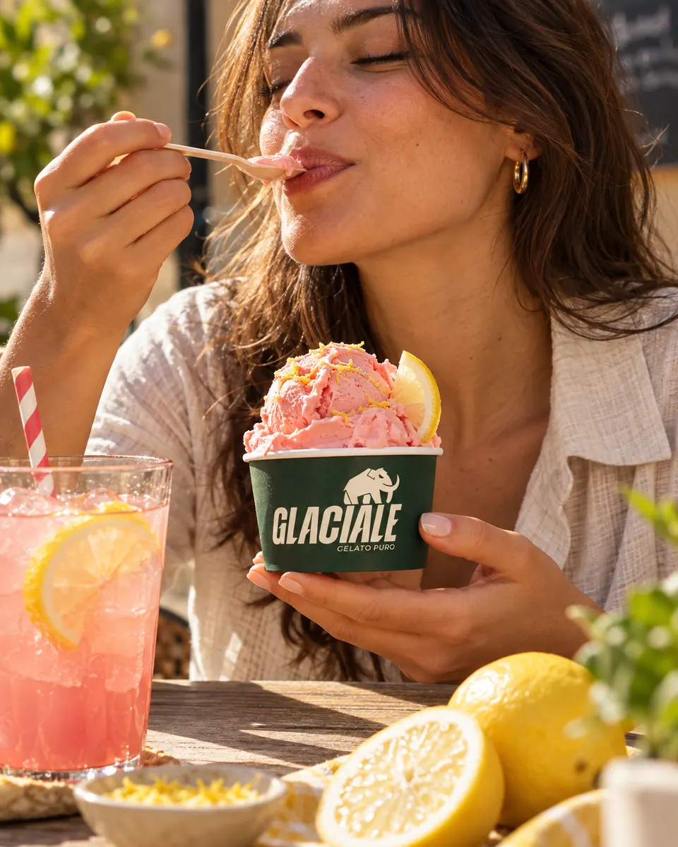 Mulher de olhos fechados saboreando gelato pink lemonade