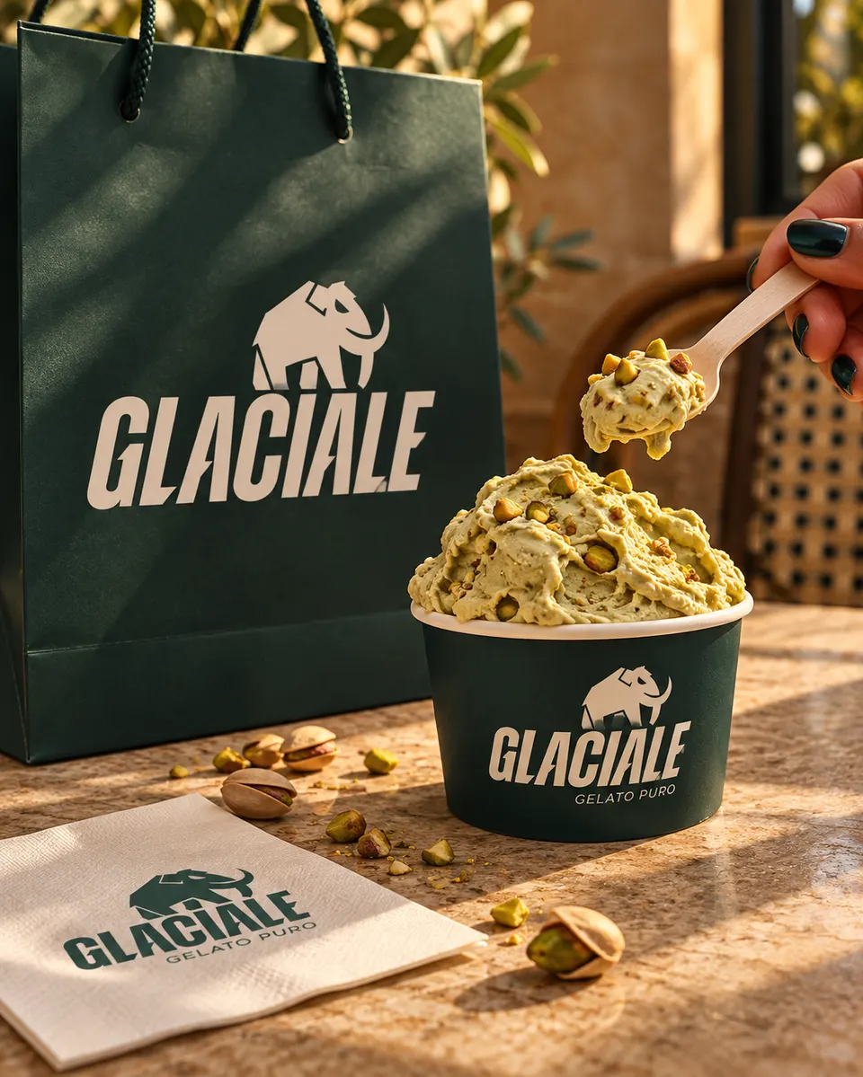 Sacola, guardanapo e pote Glaciale de pistache sobre a mesa
